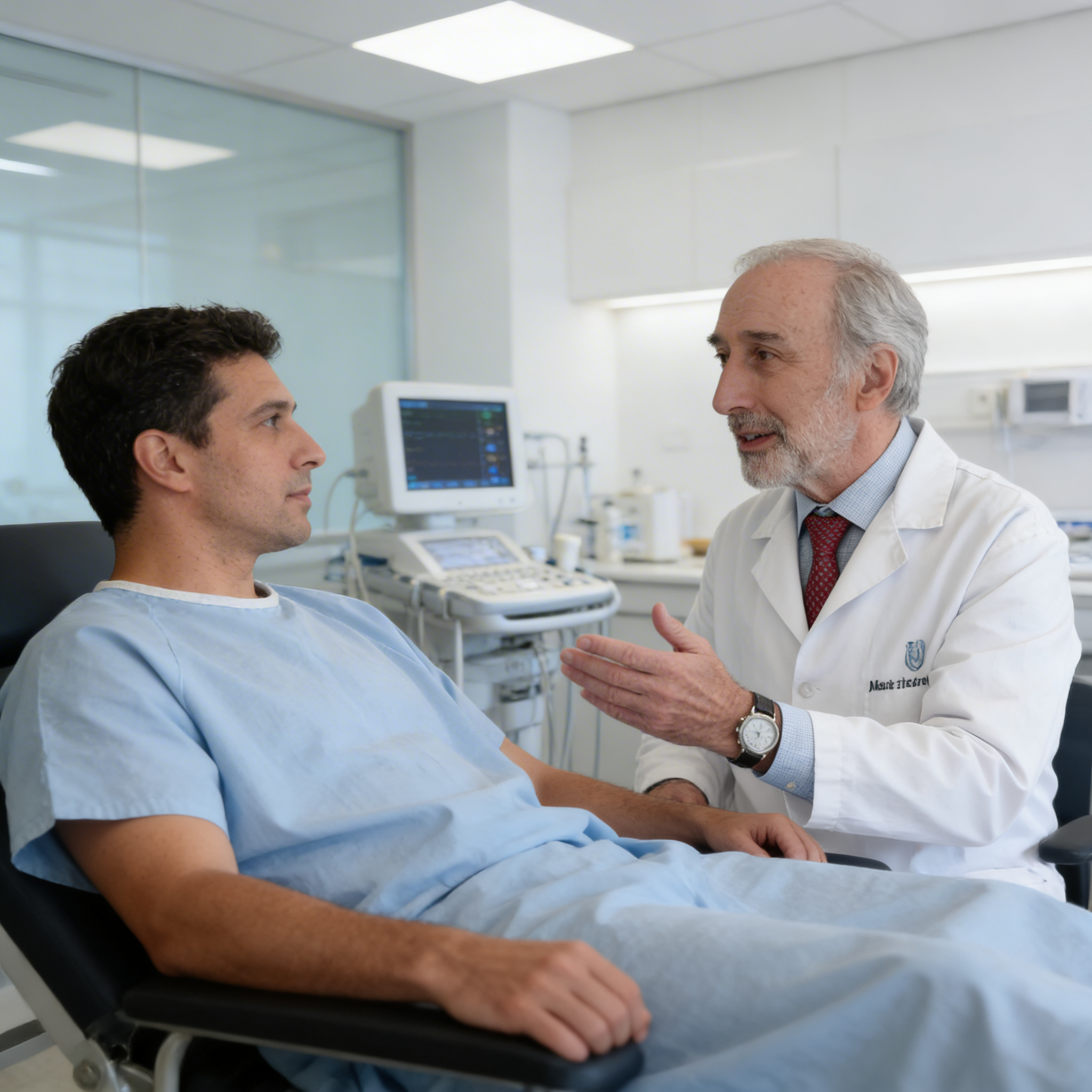 Dr. Mark Solomon listening to a patient during a penile implant revision consultation