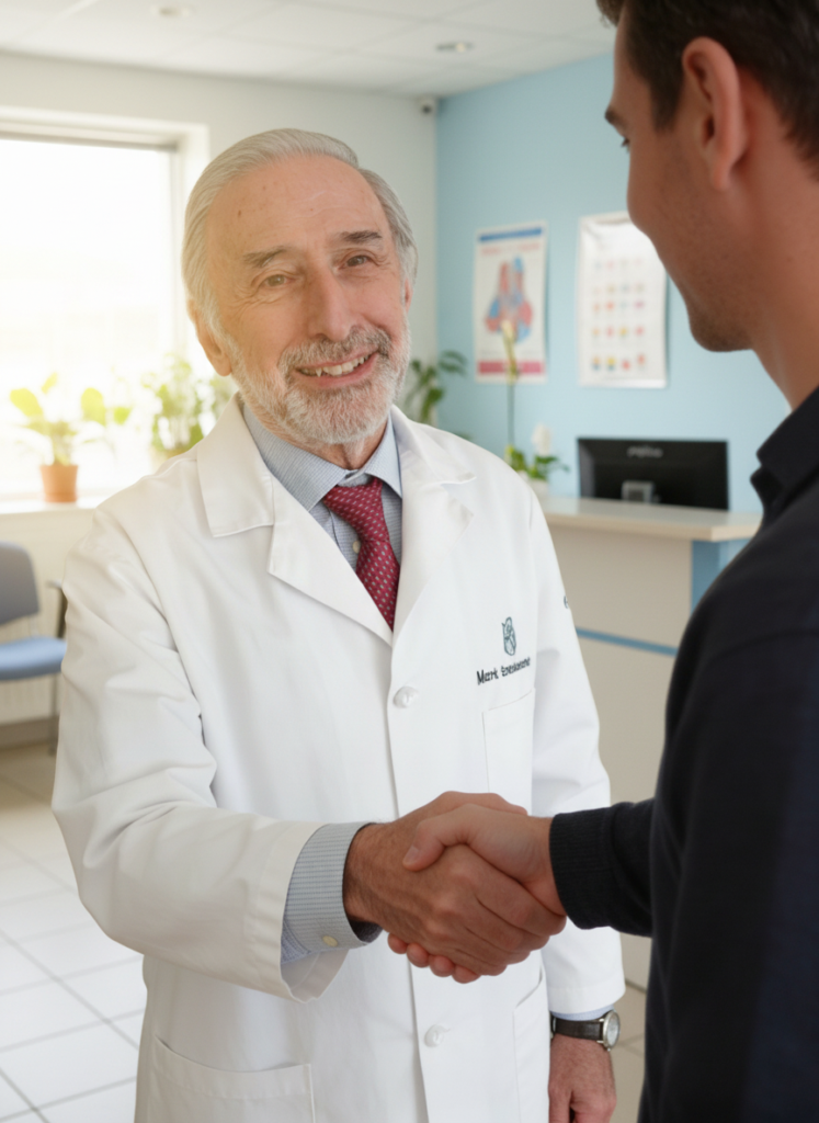 Dr. Mark Solomon greeting a male patient with a handshake in his office