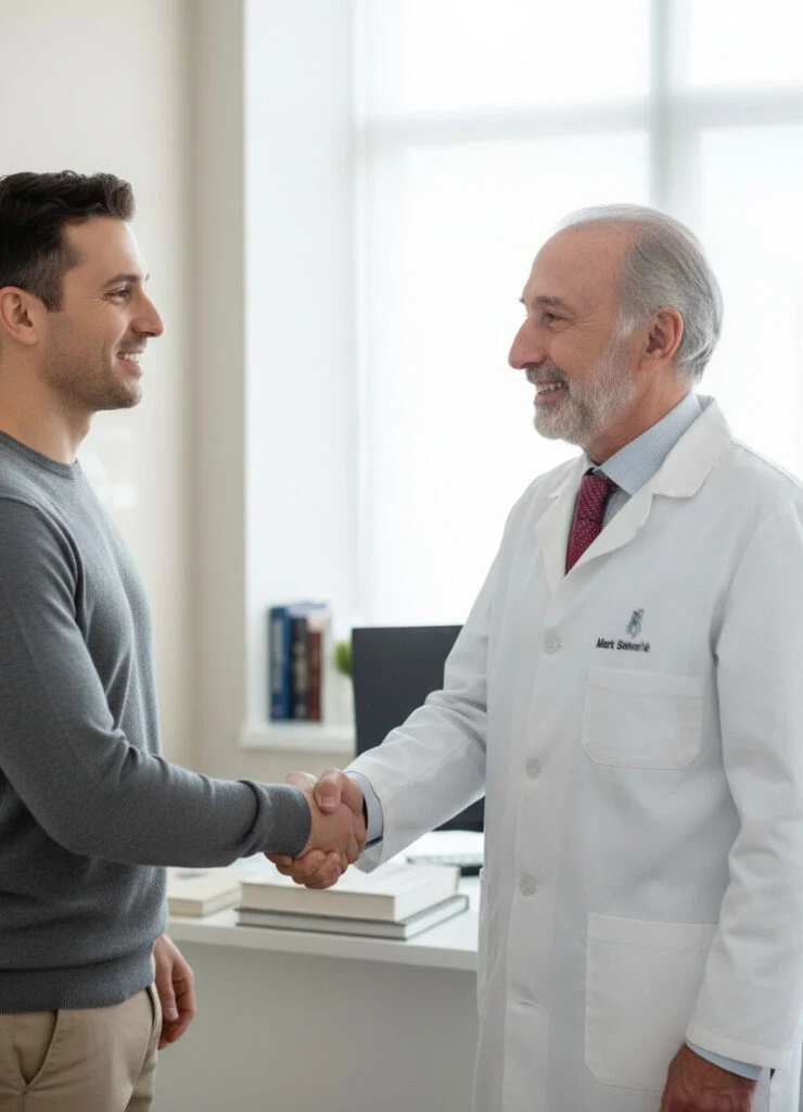 Dr. Mark Solomon explaining pubic lift and liposuction options to a patient