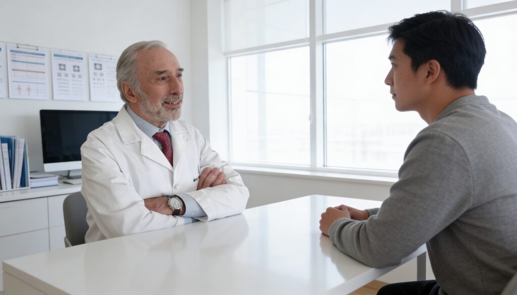 Dr. Mark Solomon consulting with a male patient in his Beverly Hills office