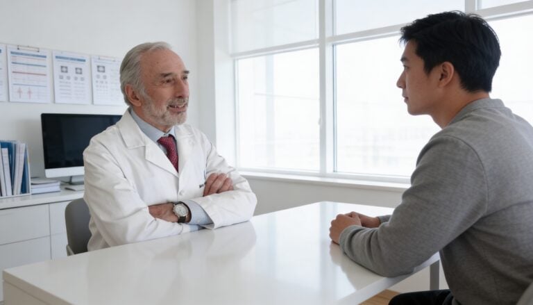 Dr. Mark Solomon consulting with a male patient in his Beverly Hills office